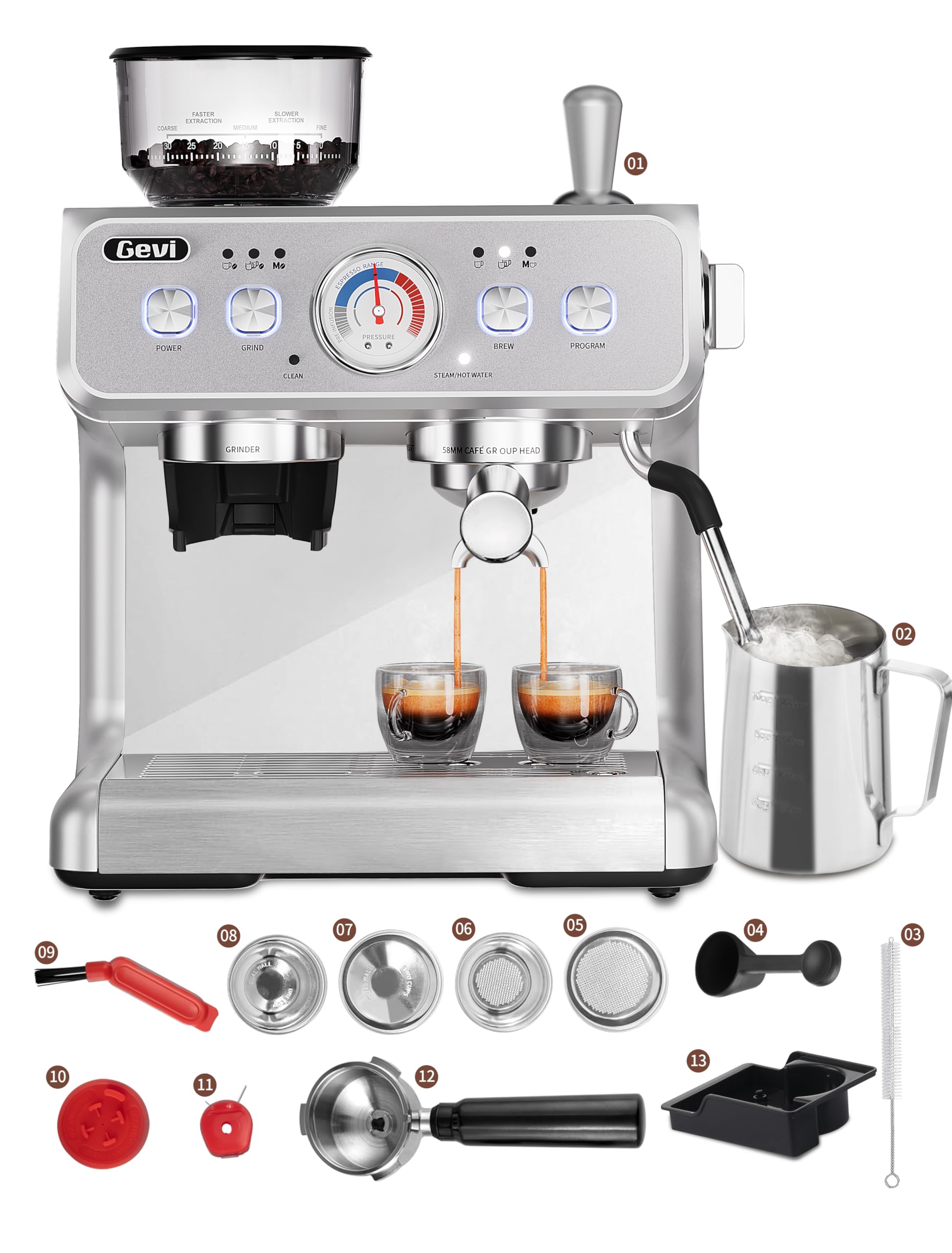 Gevi Espresso Machine With Grinder, 20 Bar Dual Boiler Automatic Espresso Machine with Milk Frother Wand All in One Espresso Machines for Home
